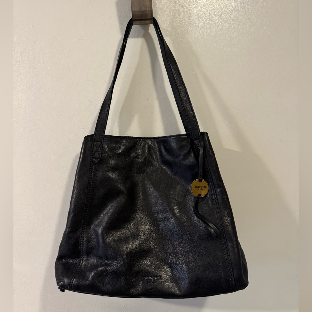 margot Black Leather Shoulder Tote with Branded Charm